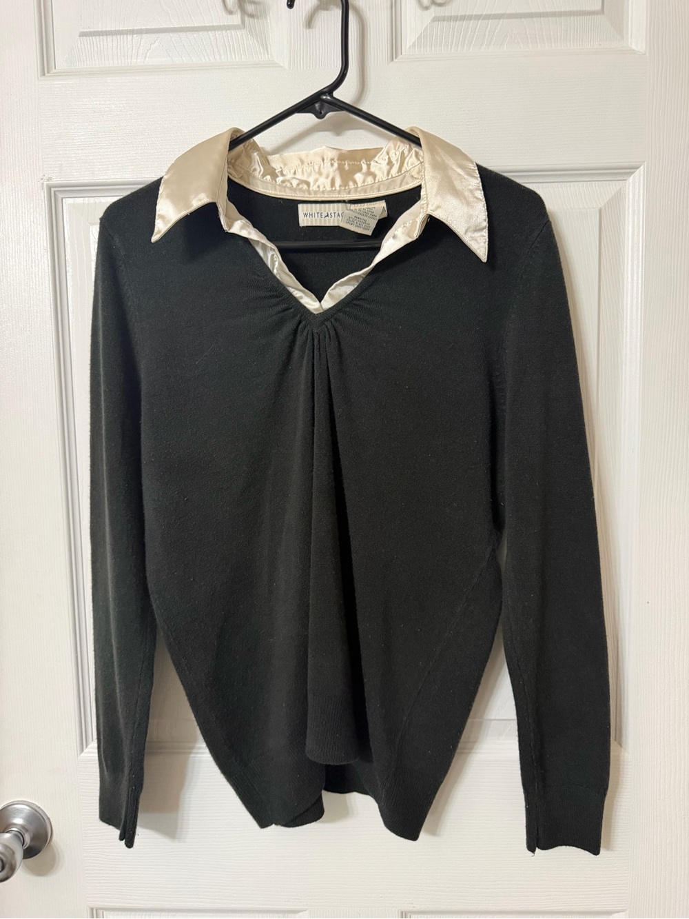 White Stag Black Knit Sweater with Cream Satin Collar